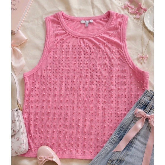 white birch Tops - Plus Size 3X Pink Ribbed Tank Top Pearl Beaded Studded Y2K Coquette Stretch
